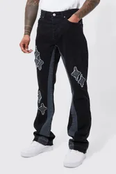 Herren Slim Flare Jeans Hosen mit Applikations-Einsatz Washed Black Größe 58R