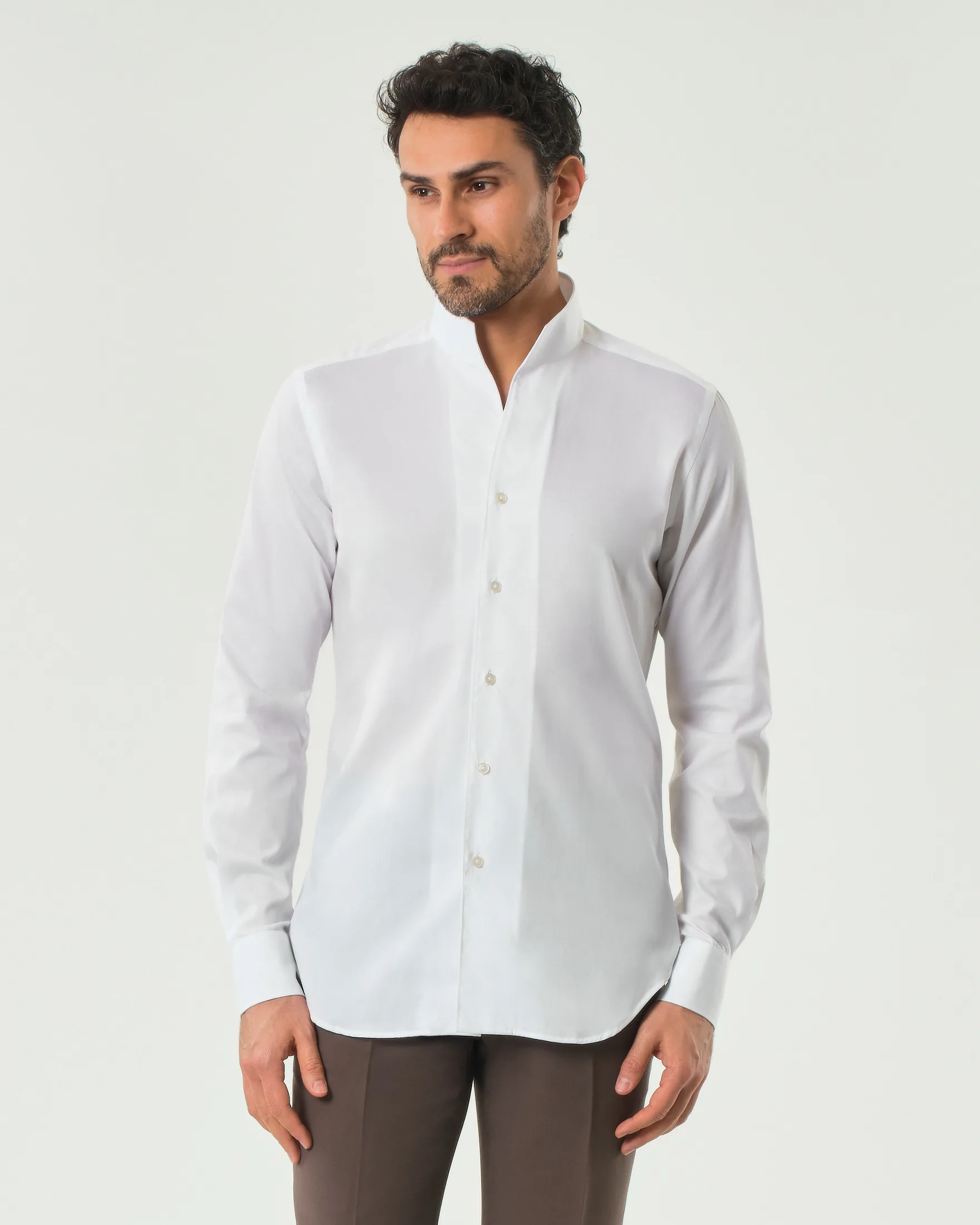Camicia in puro cotone micro riga con collo aperto alla coreana - Xacus - FashionsVida