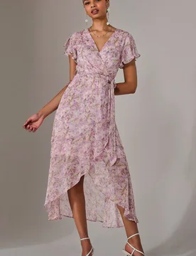 Women's Chiffon Wrap Midi Dress in Light Pink Size: 12 - Light Pink - Size: 12 - Jolie Moi - FashionsVida