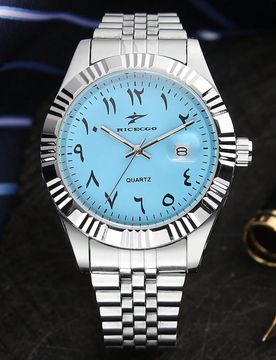 Pieza Reloj de negocios clásico para hombres, esfera azul con números arábigos y correa de acero inoxidable, adecuado para uso diario, reuniones de