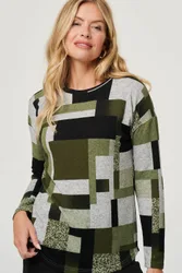 Women's Geo Print Long Sleeve Relaxed Top in Green Size: 8 - Green - Size: 8