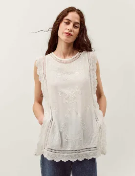 Embroidered Lace Round Neck Blouse White female - Monsoon - FashionsVida