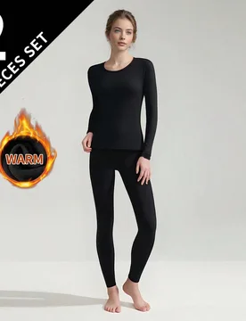 Piezas Conjunto de ropa interior térmica para mujer, parte superior de cuello redondo + pantalones, capa base ajustada para otoño/invierno - Shein - FashionsVida
