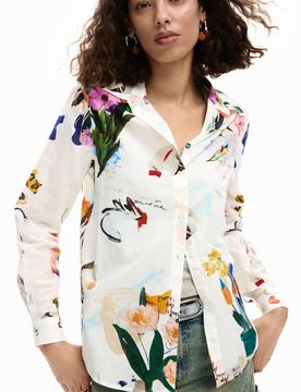 Camisa collage flores, Mujer, Algodon, Blanco, XS