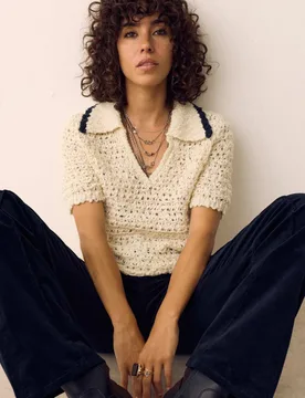 Textured Collared Short Sleeve Knitted Polo With Wool Cream Mix female - Per Una - FashionsVida