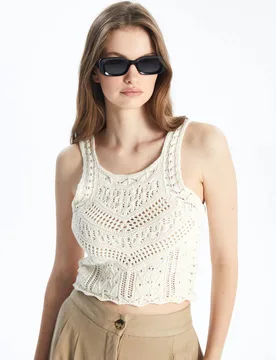 Women's Sleeveless Cropped Knitted Top with Openwork Detail Ecru Size: Small - Ecru - Size: S - Dexia - FashionsVida