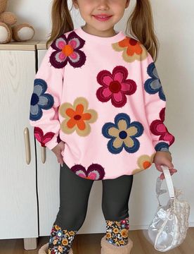 Set de 2 piezas: Sudadera de cuello redondo de manga larga con textura y estampado floral ditsy suave y gruesa, y leggings con parches florales, adecu