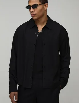 Men's Oversized Boxy Long Sleeve Linen Co-Ord Blend Shirt Black Size X-Small Black XS - boohooMAN - FashionsVida