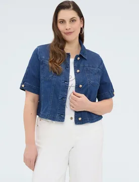 Chaqueta de mujer de manga corta en denim cuello clásico y cierre frontal con botones - Fiorella Rubino - FashionsVida