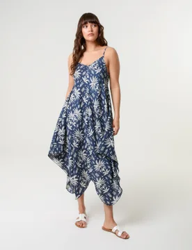 Tropical Print Hanky Hem Dress - ONE / NAVY - female - Blue Vanilla - FashionsVida