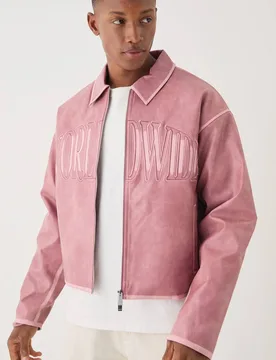 Herren Boxy Tumble PU Applikation Harrington Jacke Pink Größe XS - boohooMAN - FashionsVida