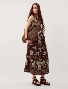 Linen Rich Floral V-Neck Midi Shift Dress Chocolate female - Monsoon - FashionsVida