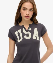 Superdry Damen Athletic Essentials Grafik-t-shirt mit Eingekerbtem Ausschnitt Dunkelgrau - Größe: 36