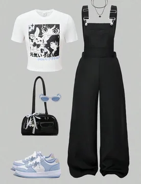 Conjunto de 2 piezas de camiseta de cuello redondo de manga corta con estampado de dibujos animados y pantalones cortos tipo peto casual para niñas p - Shein - FashionsVida