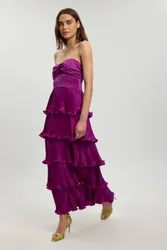 Pleated Tiered Maxi Dress - Purple - Size: 14