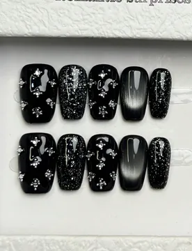 Piezas de uñas acrílicas postizas hechas a mano, de estilo cuadrado, de color negro suave, con efecto de ojo de gato brillante, incrustadas con polv - Shein - FashionsVida
