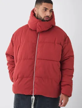 Men's Plus Extended Funnel Neck Hooded Puffer Jacket In Rust Size 2X-Large Rust XXL - boohooMAN - FashionsVida
