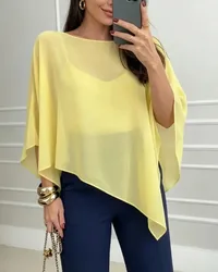 Women's Top 2026 Spring Summer New Solid Color Sheer Mesh Batwing Sleeve Poncho Casual Beach Top with V-Neck Camisole