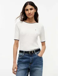 Pure Cotton Cable Knit Slash Neck Knitted Top Ivory female