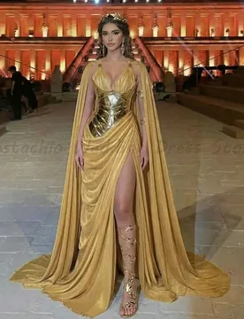 Gold Evening Dress Metal Corset High Split Draped Maxi Gown With Detachable Cape For Red Carpet - Aliexpress - FashionsVida