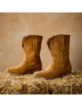 Botas occidentales de camel de moda para mujer, botas de tacón grueso con punta puntiaguda y detalles de pespunte en ante sintético, regalos de invi - Shein - FashionsVida
