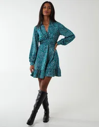 Womens Wrap Bust Mini Shirt Dress - Green - Size 8 Uk