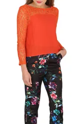 Women's Long Sleeve Lace Blouse in Orange Size: 10 - Orange - Size: 10