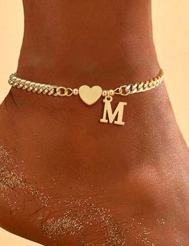 Pieza Nuevo tobillera de cadena de acero inoxidable dorado con colgante de inicial de corazón clásico para mujer