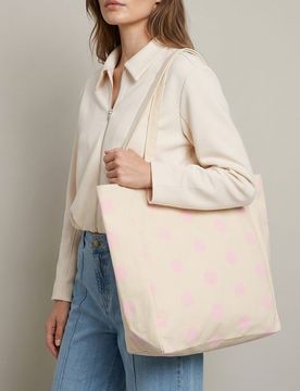 Borsa shopper in tessuto con stampa a pois - panna