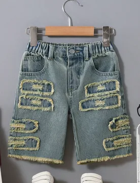 Pantalones cortos vaqueros de niño con lavado personalizado, estilo callejero casual, cintura elástica, vintage y retro en azul - Shein - FashionsVida