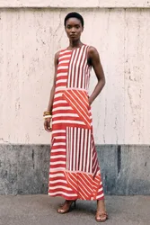 Stripe Tie Back Maxi Dress - Red - Size: 8