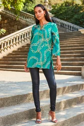 Womens Teal Chain Print Lace Front Longline Tunic Top - Green - Size 10 Uk
