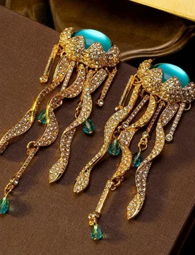 Vintage Gold and Blue Rhinestone-Encrusted Jellyfish-Shaped Fashion Earrings for Women 2026 Parties Festivals Tassel Earring - Aliexpress - FashionsVida