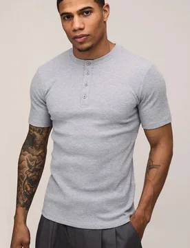 Men's Muscle Fit Rib Henley Neck Short Sleeve T-Shirt Grey Marl Size Large Grey Marl L - boohooMAN - FashionsVida