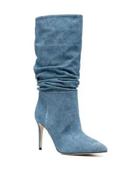 Denim Blue 10cm Slim Heel Pleated Boots 35-43 Fashion Imitation Suede Women's Boot Internet Celebrity Pointed Show Boots - Aliexpress - FashionsVida
