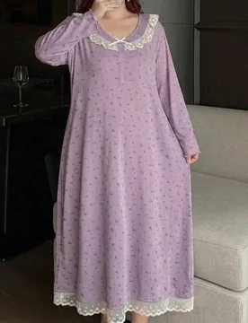 Camisón de pijama para mujer talla grande, manga corta, encaje en contraste, estampado floral menudo en todo el Body, holgado, estilo lindo, para pri - Shein - FashionsVida