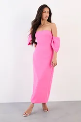 Stretch Crepe Bardot Column Midi Dress - Pink - Size: 8