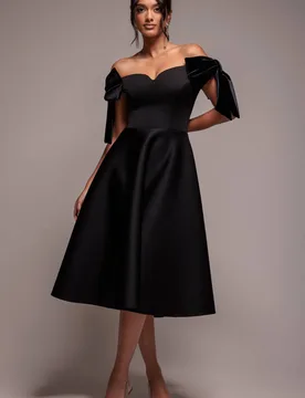 Women's Scuba Off-The Shoulder Velvet Bow Skater Midi Dress in Black Size: 12 - Black - Size: 12 - Goddiva - FashionsVida