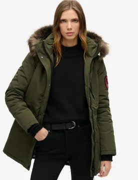 Superdry Damen Everest Parka mit Kapuze und Kunstfellbesatz Kaki - Größe: 36 - 199.99 - FashionsVida