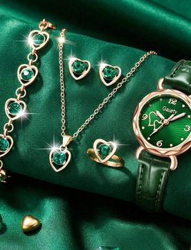 Gaiety, Set de 6 piezas, Reloj de cuarzo casual de moda para mujer, Esfera con forma de doble corazón, Incluye collar, aretes, pulsera, anillo, Set d