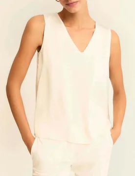 Top smanicato bianco in raso tecnico con scollo a V e dettagli in georgette - Emme Marella - FashionsVida