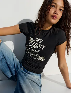 T-Shirt Manches Courtes Imprimé Xs Marine - Bershka - FashionsVida