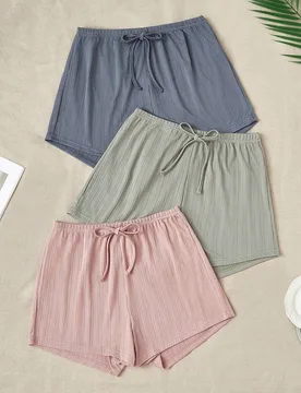 Conjunto de 3 piezas de pantalones cortos de estar por casa con decoración de lazo a la cintura, de jacquard liso - Shein - FashionsVida