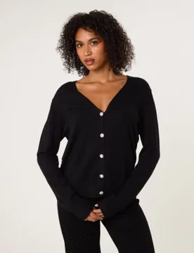 V Neck Diamante Button Cardigan - S/M / BLACK - female - Blue Vanilla - FashionsVida