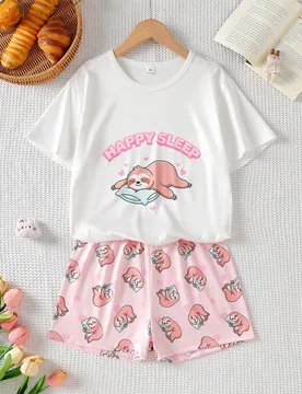 Conjunto de ropa de estar en casa para niñas preadolescentes, moda casual y linda de primavera/verano, con top blanco de manga corta con estampado de - Shein - FashionsVida