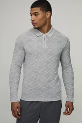 Herren Regular Fit Korbgeflecht-Langarm-StrickPoloshirt mit 1/4-Reißverschluss Grey Größe Large