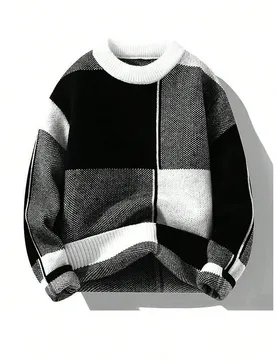 Suéter de cuello redondo de manga larga con bloques de color para hombre, para uso diario, para otoño e invierno - Shein - FashionsVida