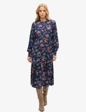 Superdry Damen Langärmeliges, Gestuftes Midikleid Dunkelblau - Größe: 36