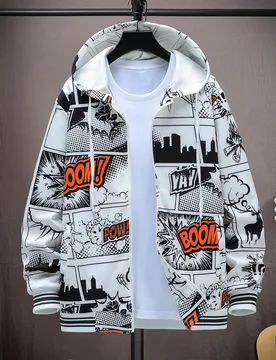 Pieza Chaqueta con capucha con cremallera y cordón estampado de arte pop para hombres, vacaciones, divertida, de manga larga, para amigos, delgada, d - Shein - FashionsVida
