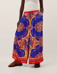 Printed Pull On Wide Leg Trousers Cobalt female